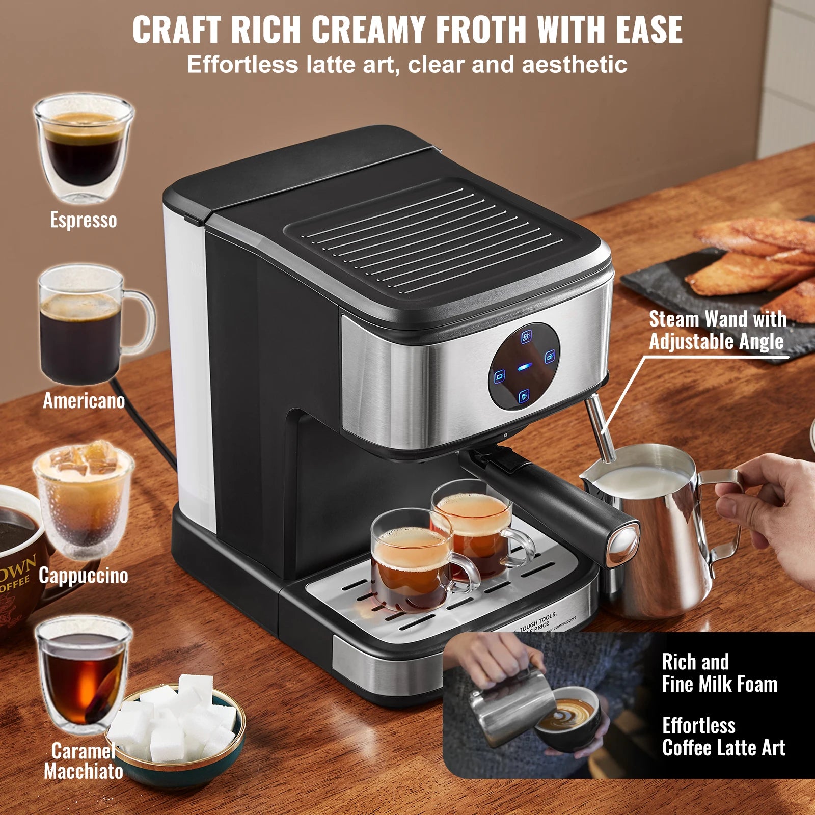 SucceBuy Espresso Machine 15 Bar Coffee and Espresso Maker w/ Milk Frother Steam Wand Professional Semi-Automatic Coffee Machine